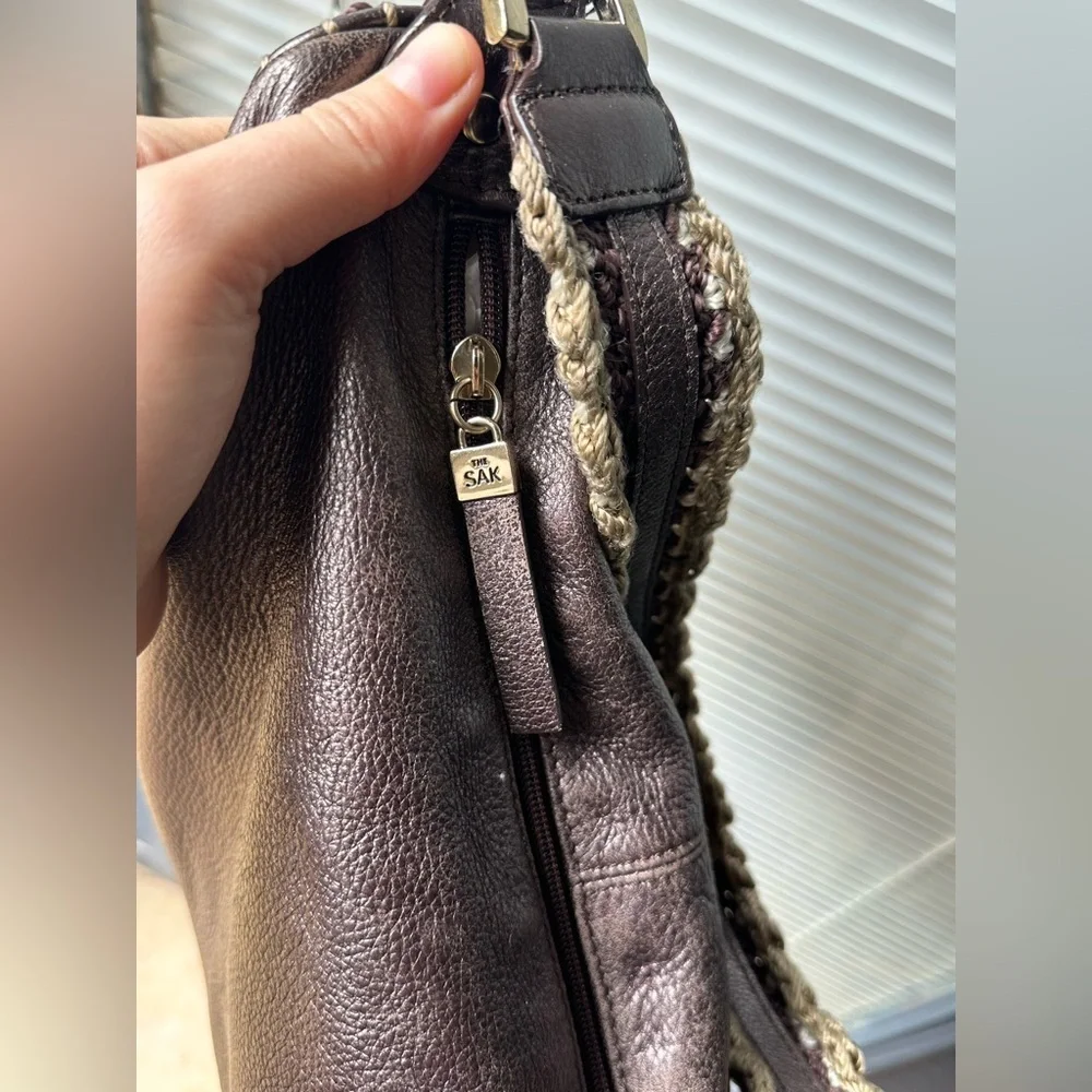 The Sak Metallic Bronze Brown Leather Small Crochet Shoulder Bag Y2K Boho